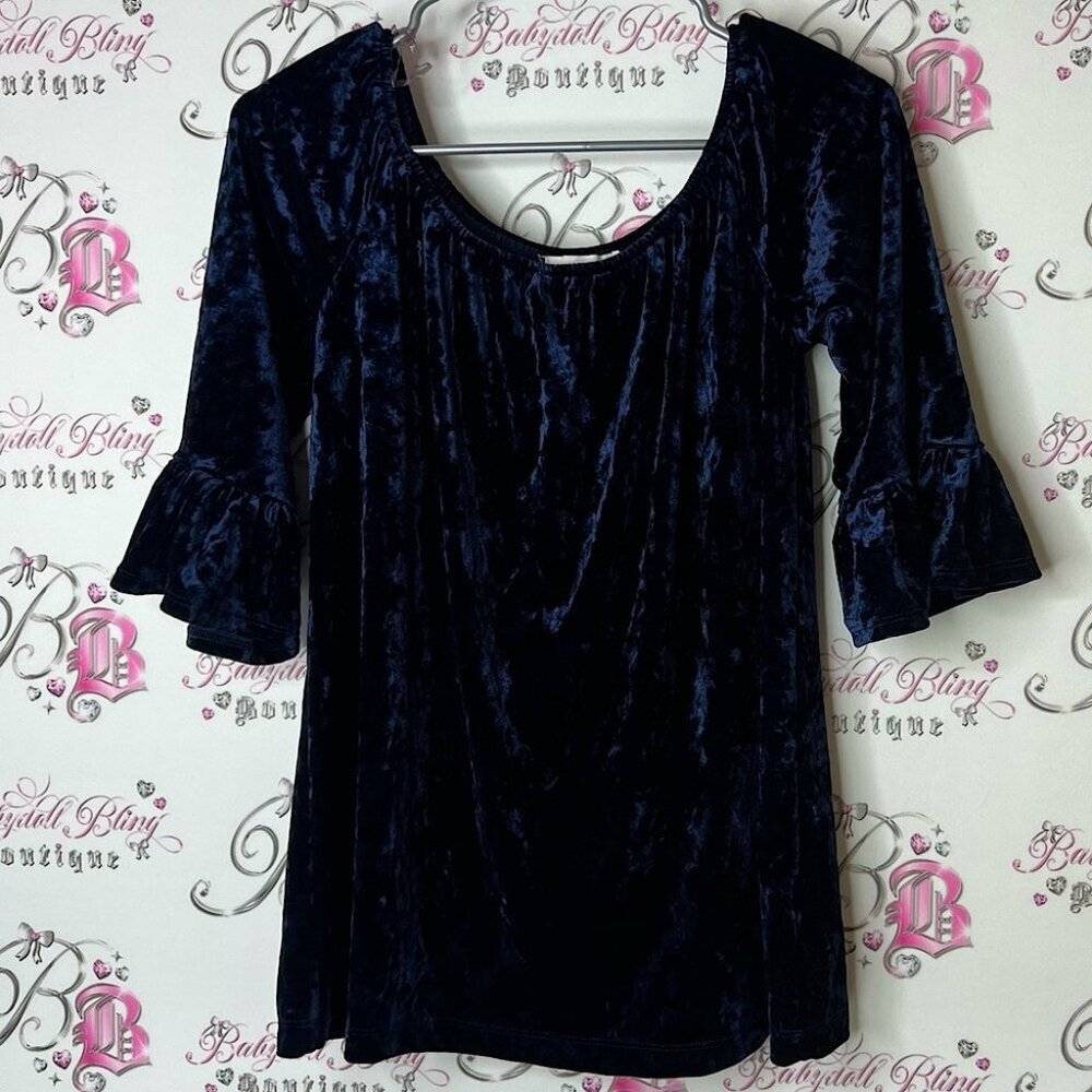 beachlunchlounge Velvet Navy Blouse long sleeve bubble sleeves flare